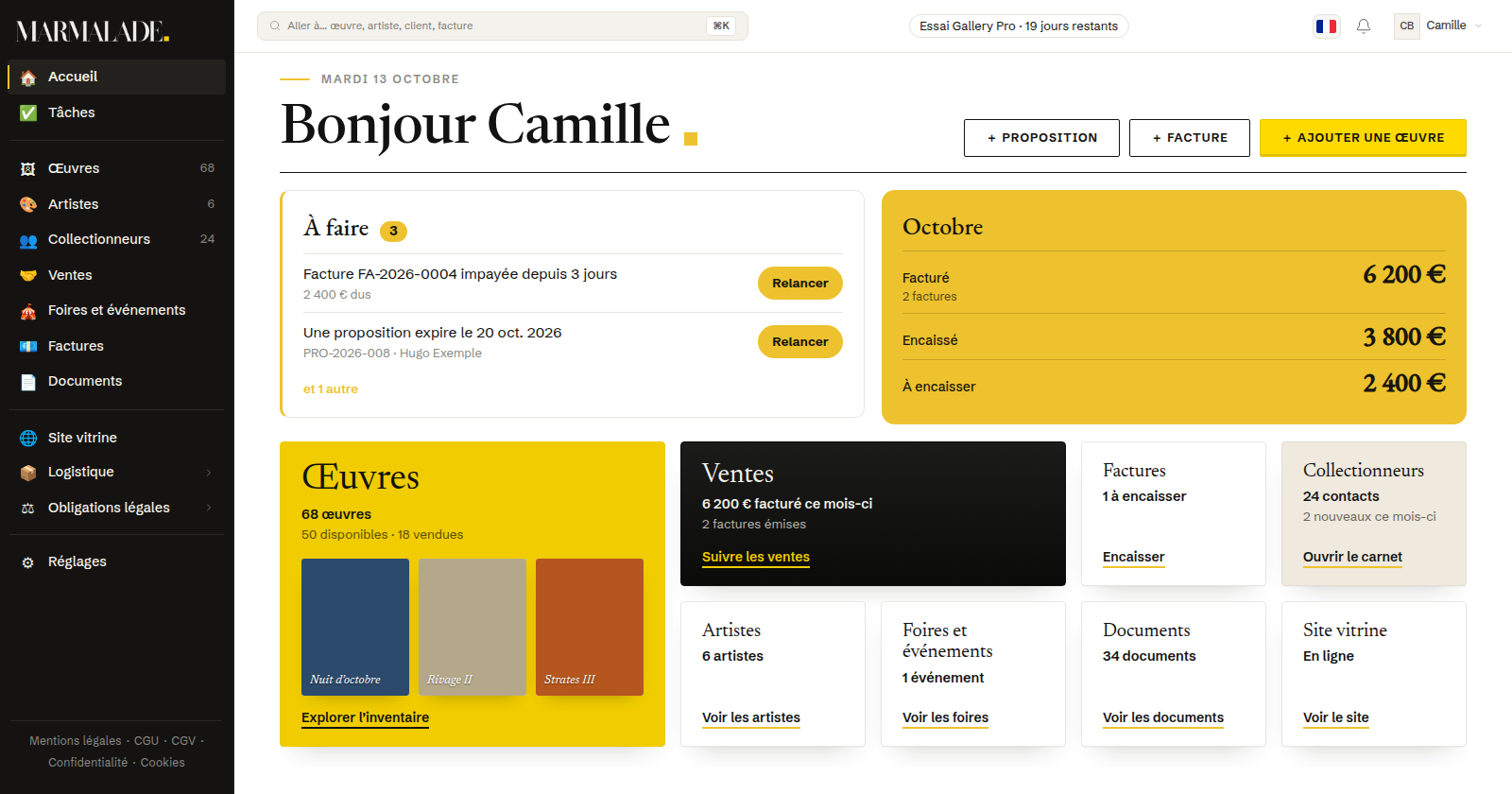 Écran MARMALADE, l'accueil d'une galerie