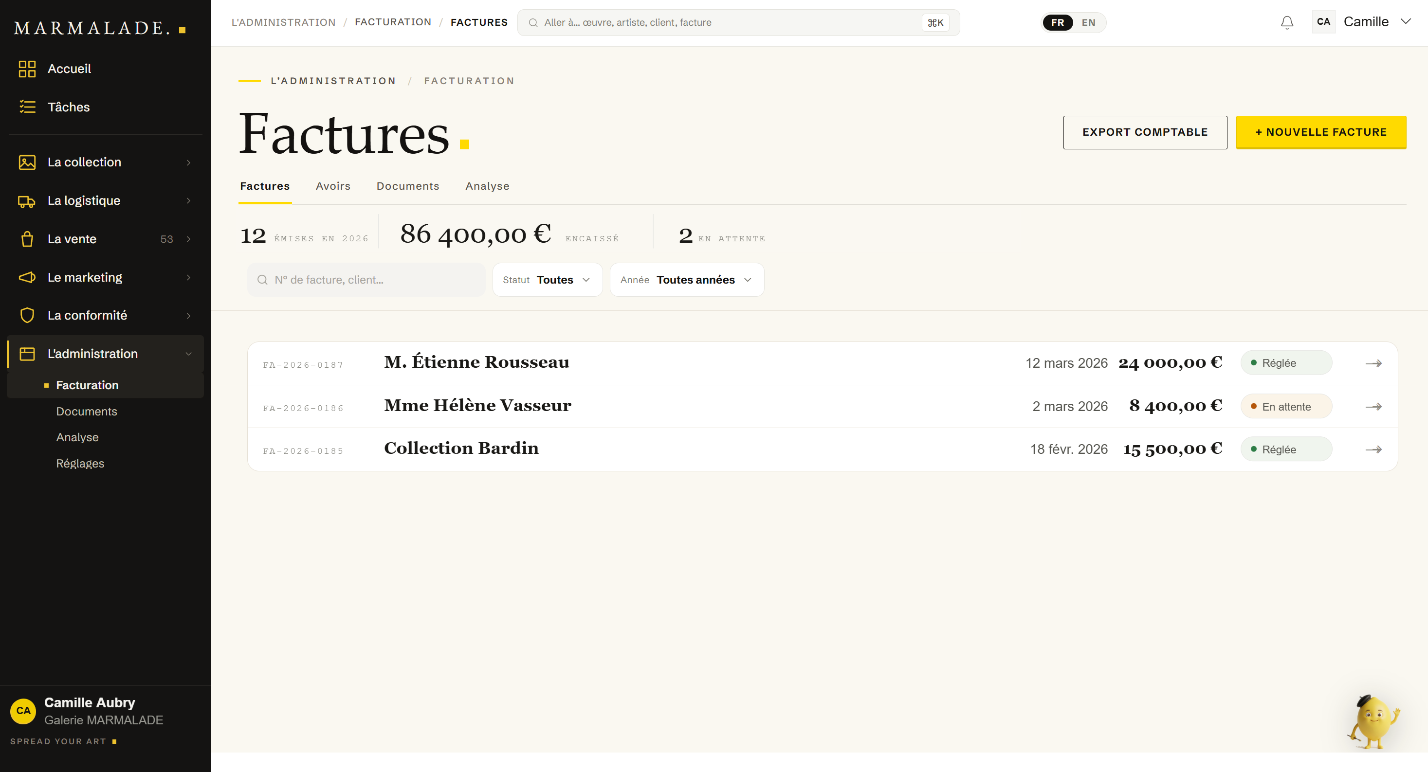 MARMALADE screen, the invoice list