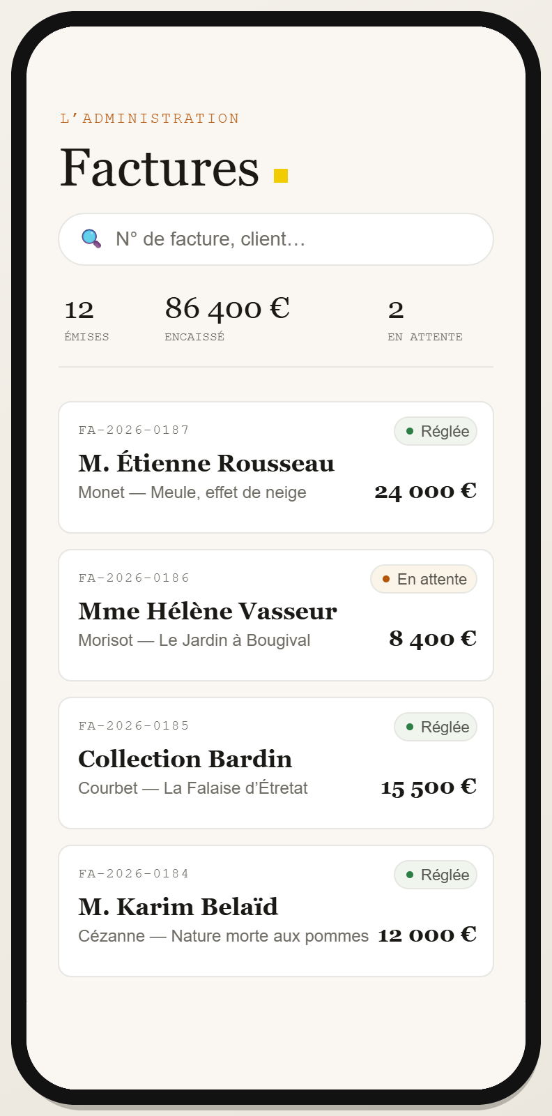 MARMALADE on a phone, the invoices screen