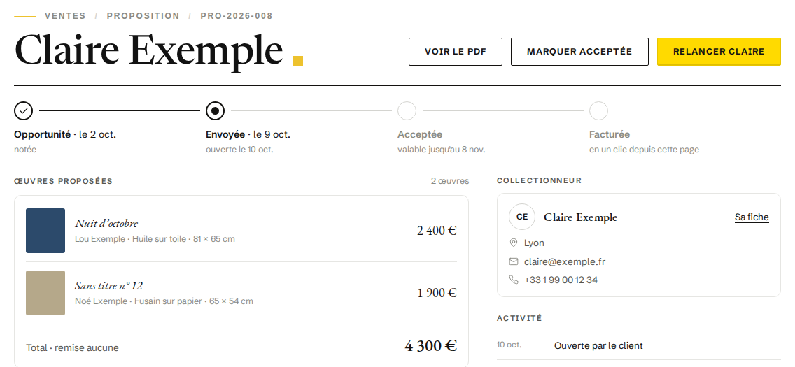 Écran MARMALADE, la fiche d'une vente et son chemin