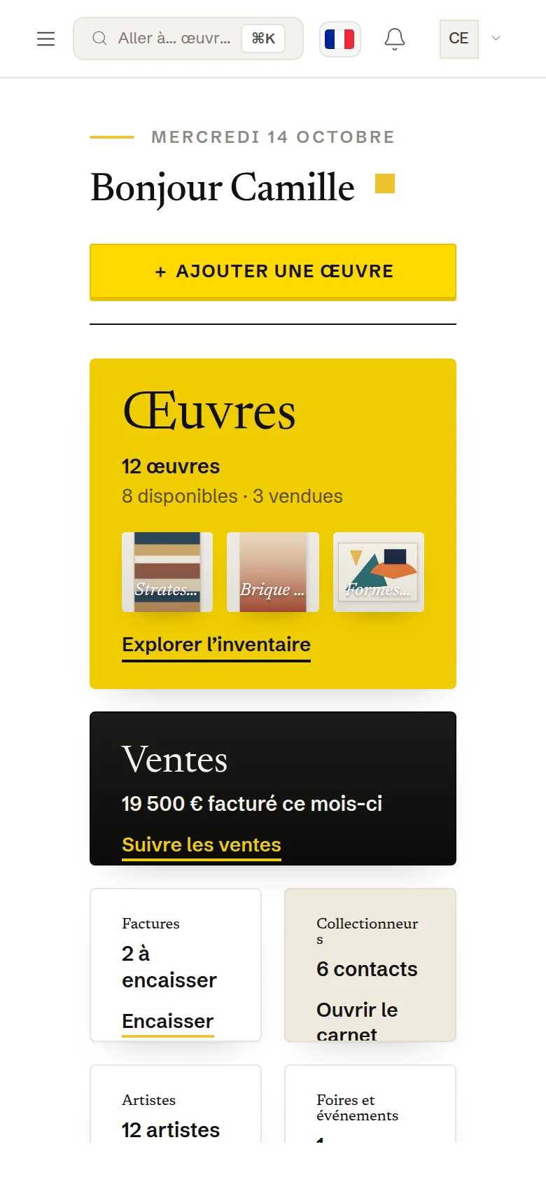 Écran MARMALADE sur un téléphone, l'accueil d'une galerie
