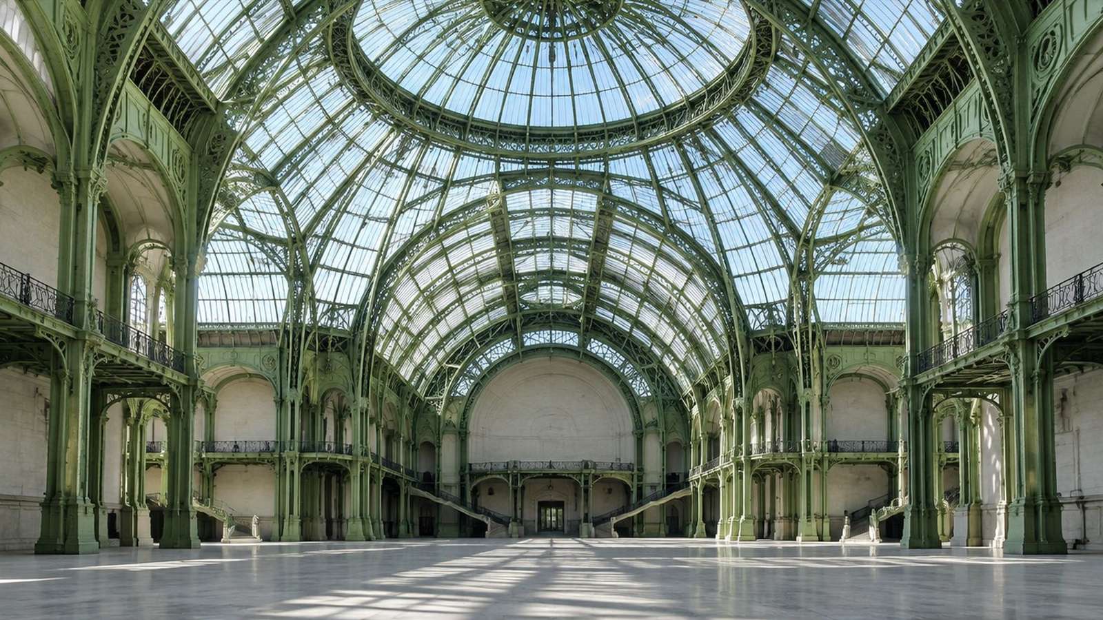 La gran nave vacía del Grand Palais de París, bajo la bóveda y la cúpula de vidrio y hierro pintadas de verde, entre balcones y escaleras de hierro forjado; la luz de la mañana dibuja franjas sobre el suelo claro, sin nadie, sin obras ni stands