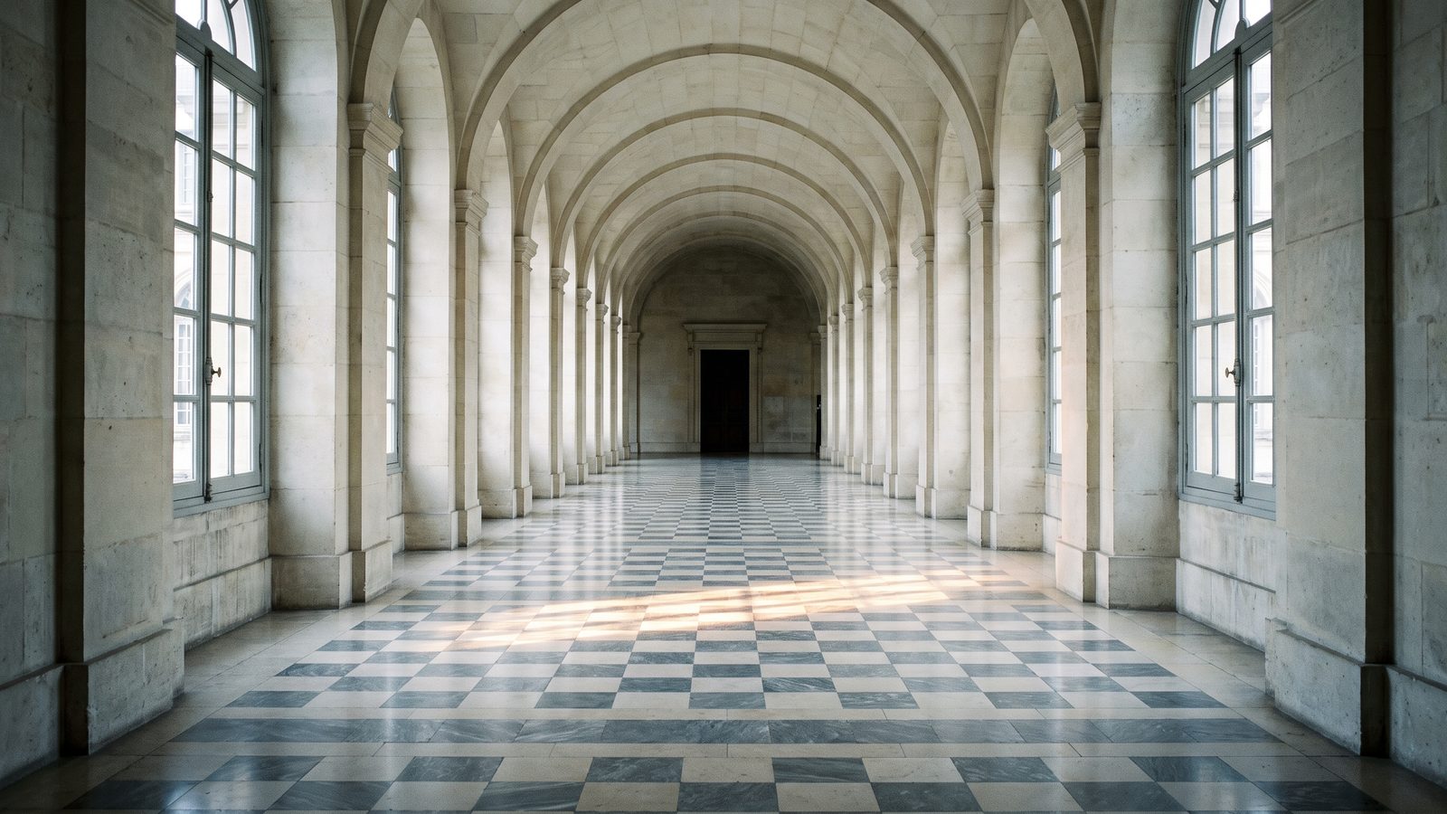 Long couloir voûté en pierre claire, bordé de hautes fenêtres cintrées, dont la lumière dessine des bandes sur un sol en damier de marbre gris et crème
