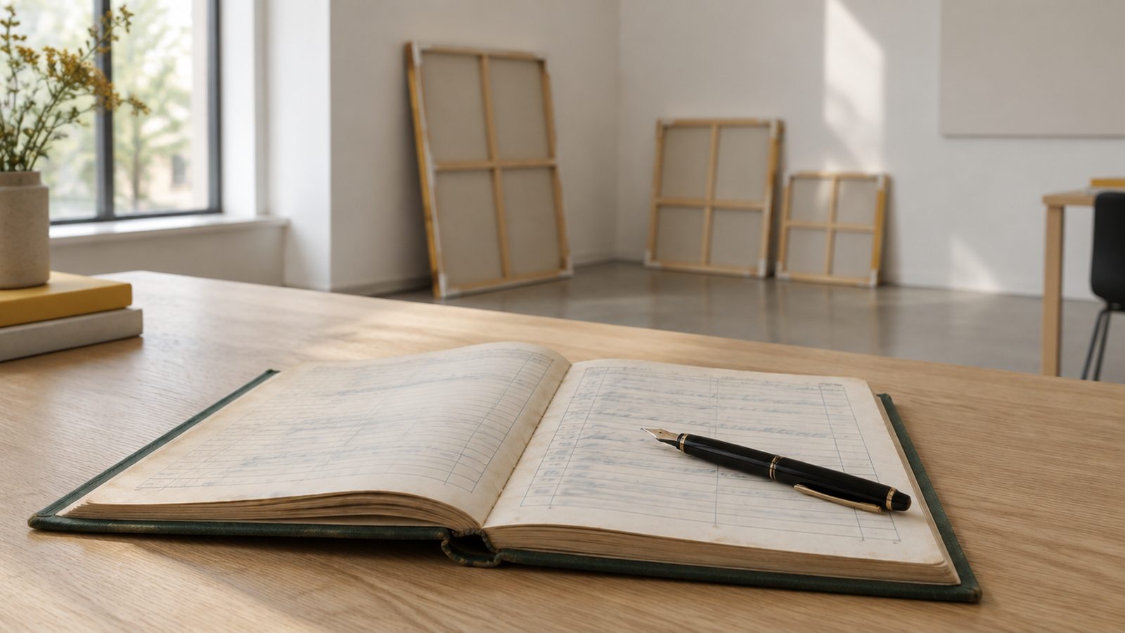 Registre relié de toile verte ouvert sur un bureau en chêne clair, ses colonnes remplies d'une écriture illisible à l'encre bleue, un stylo plume noir posé en travers de la page ; au fond, des châssis de toiles retournés contre un mur blanc, près d'une fenêtre
