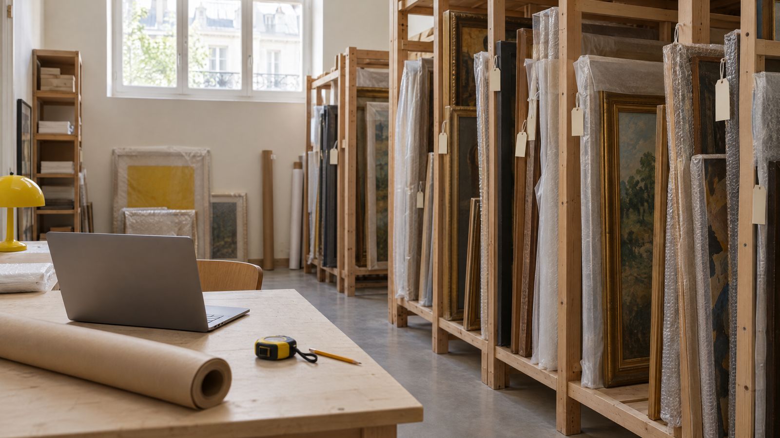A gallery storeroom, framed canvases stored on edge in light wooden racks, some under glassine, each with a tag; in the foreground a table with a laptop, a roll of kraft paper and a tape measure, a yellow lamp by the window