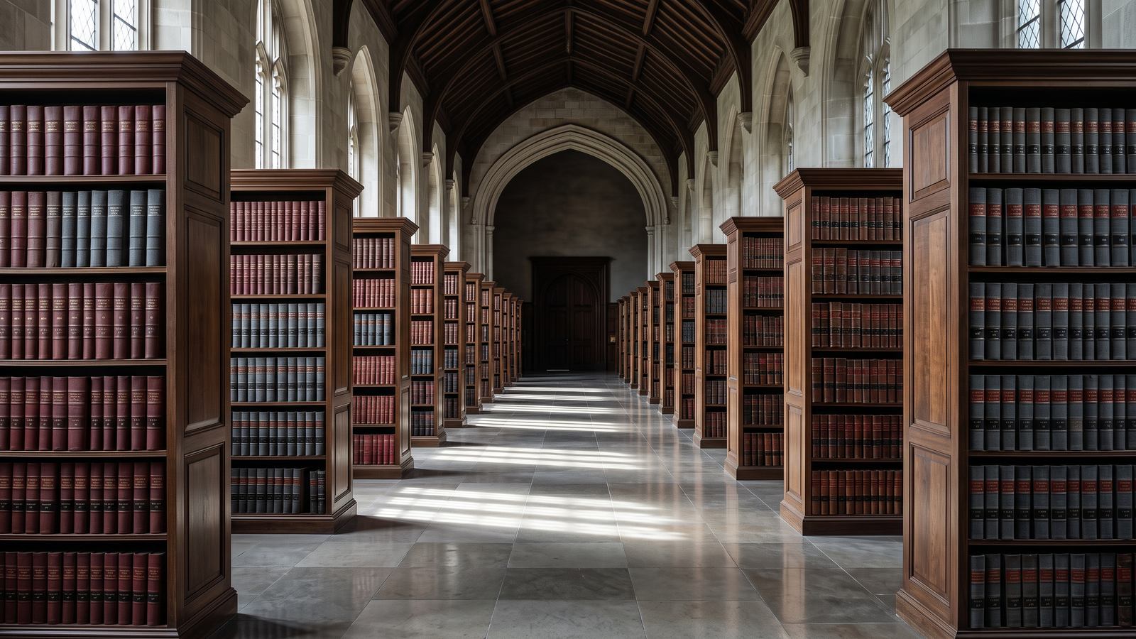 Sala d’archivio a volta, un lungo corridoio tra scaffalature di legno scuro piene di registri rilegati, la luce del giorno che cade a fasce sul pavimento in pietra