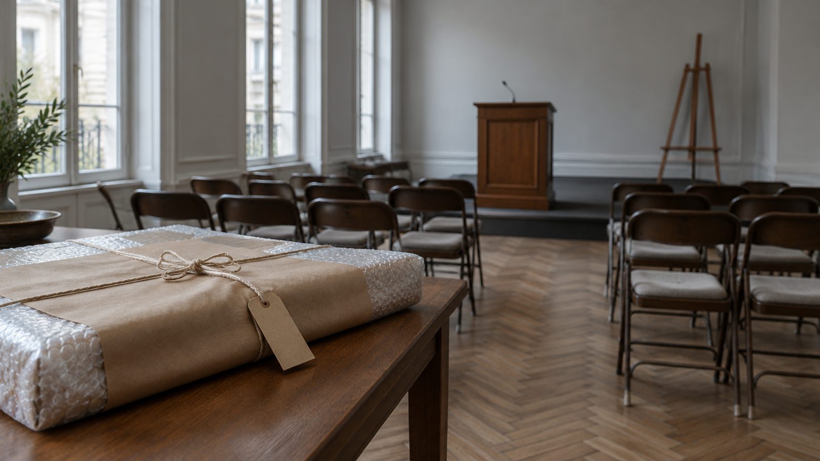 Salle des ventes vide par un matin gris : un pupitre en bois sur une estrade, un chevalet vide contre un mur gris clair, des rangées de chaises pliantes sur un parquet en chevrons et, au premier plan sur une table, une œuvre emballée de papier kraft et de papier bulle, ficelée, avec une étiquette vierge