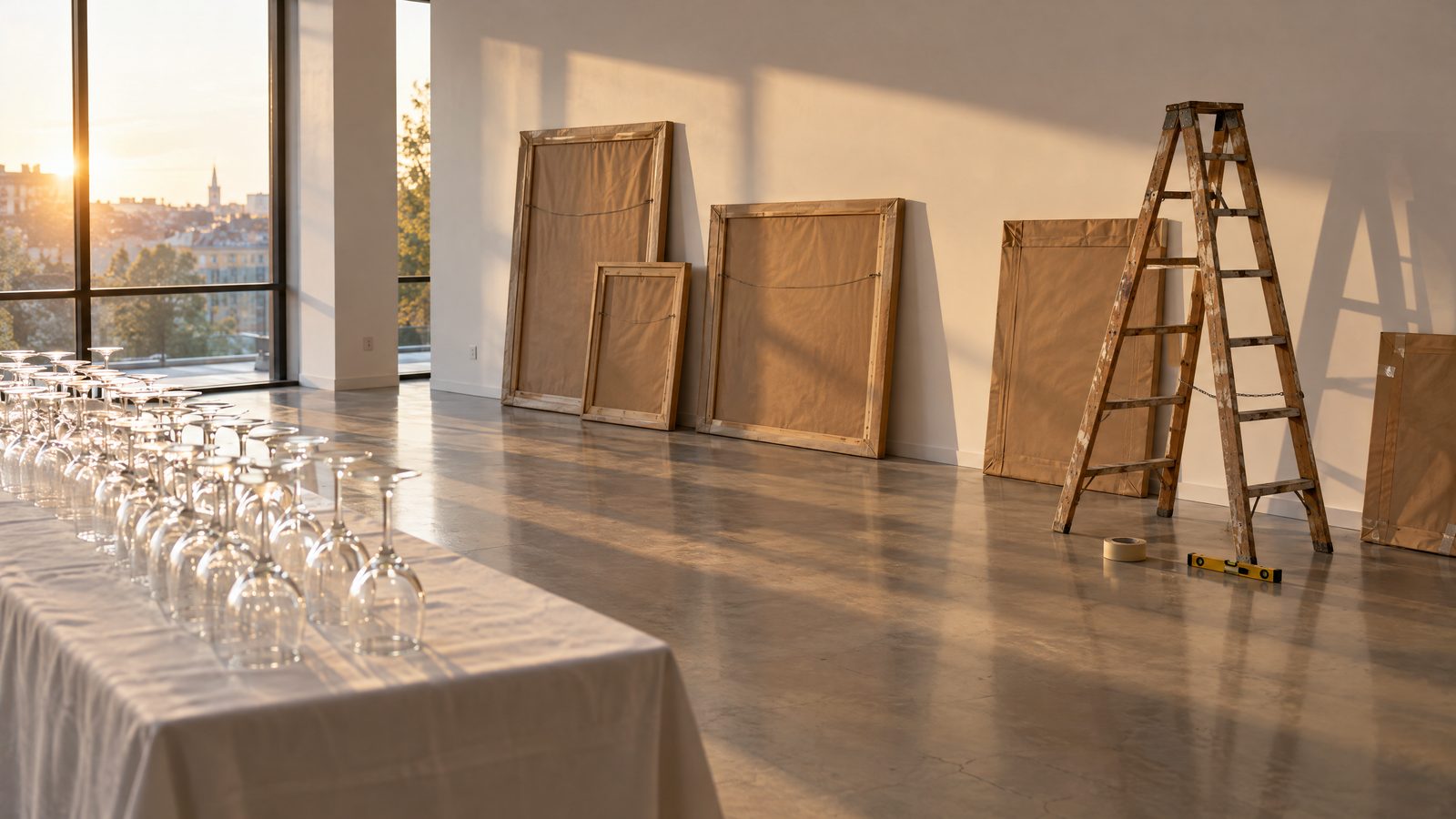 An empty contemporary art gallery the day before an opening, golden late afternoon light coming through a tall window; frames wrapped in kraft paper leaning against a white wall, a wooden stepladder, a roll of masking tape and a spirit level on the polished concrete floor, and in the foreground a long table in a white cloth lined with upturned wine glasses