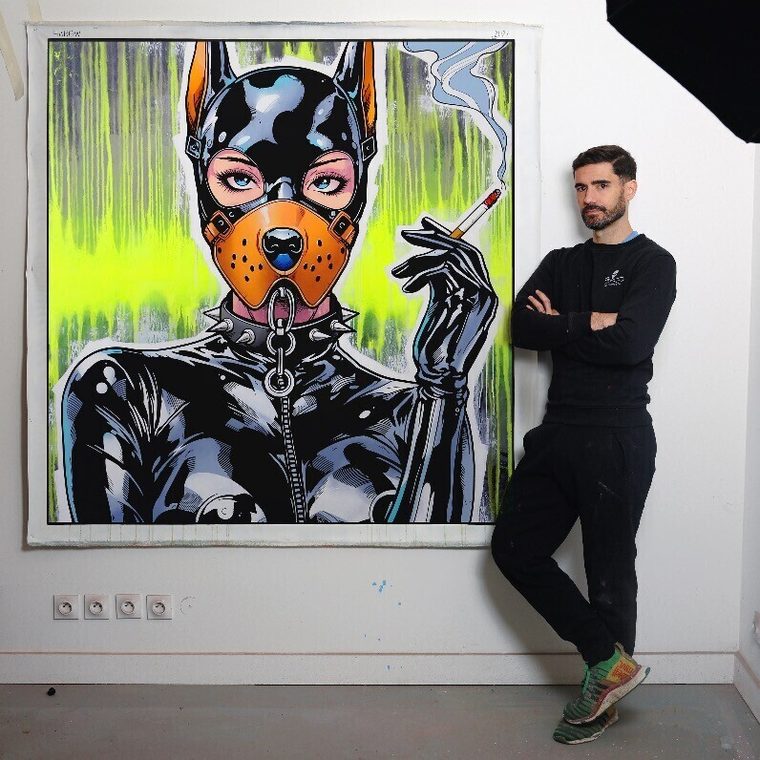 HAROW in front of one of his canvases, in the studio